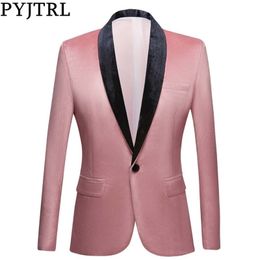 PYJTRL Men Shawl Lapel Peach Pink Velvet Slim Fit Blazers Wedding Groom Prom Dress Tuxdudo Coat Hombre Plus Size Suit Jacket LJ201103