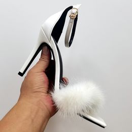 Lady 2022 Ladies Women Leather 9.5CM Stiletto High Heel Sandals Cover Heel Dress Shoes Feathers Solid Buckle Peep-toe Wedding Party Size 34-42 3065