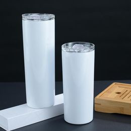 20oz Sublimation Skinny Tumblers Blank White Straight Cup with Lid Straw Stainless steel Drinking Vacuum Insulated Mug WWQ