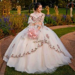 Stunning Sequined Ball Gown Quinceanera Dresses Flower Appliqued Long Sleeves Sweet 16 Dress Tulle Off The Shoulder Neck Masquerade Gowns