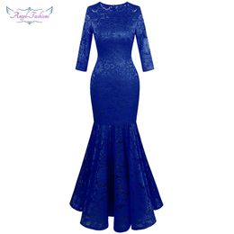 Angel-fashions Women's Floral Lace 3/4 Sleeves Illusion Prom Party Maxi Mermaid Elegant Evening Dress Royal Blue 416 LJ201123