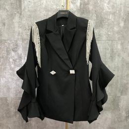[EWQ] Autumn Sweet Women Jacket Ruffle Sleeve Beading Blazer Loose Female Ladies Office Coat Fringe Rhinestone Suits Outwear 201201