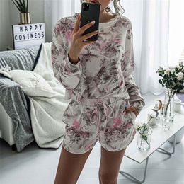 Autumn Loungewear Women Floral Print Shorts Lounge Wear Pajama Set Suit Women Home Suit Long Sleeve Homewear Nightgown 201217