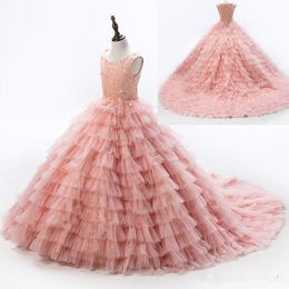 Jewel Lace Up Sleeveless Ruffles Tulle Peach Ball Gown Sweep Train Wedding Dress Flower Girl Dress