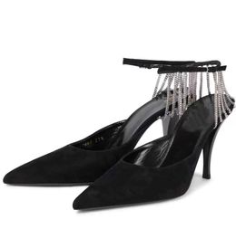 Elegant Vesper Sling Sandals Shoes For Women Chain-trimmed Suede Pointed Toe Brand Pumps Chain-embellished Ankle Straps Lady High Heels EU35-41