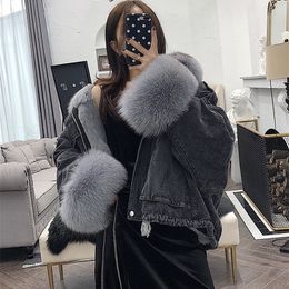 Denim Parka Women Winter Jacket Real Fox Fur Collar Cuffs Rabbit Lining Warm Loose Outerwear Streetwear Removable 201120