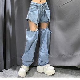 High street Jeans Women Splice Wide Leg Trousers Hip-hop cotton Loose Retro Chain Removable Cool Girls Womens Denim pants New 201223