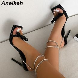 Aneikeh 2021 Summer Rhinestone Metal Chain Women Sandals Fashion Cross-Tied Narrow Band Square Head High Heel Party Shoes 35-42 C0129