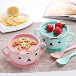 Baby Bowl Tableware Learning Cartoon Bear with Cover Baby Stainless Steel Suction Cup Insulation Bowl Complementary Food LJ201110