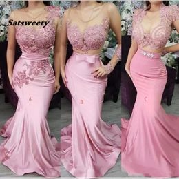 Blush Pink Lace Satin Long Mermaid Prom Dresses Long Sleeve Junior Party Gowns Maid of Honour Dresses With Bow Evening Dress