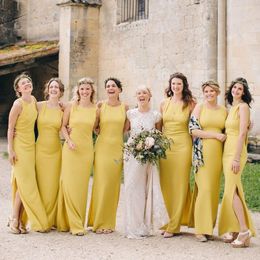 Elegant Cheap Yellow Beach Sheath Bridesmaid Dresses Scoop Neck Satin Floor Length Maid Of Honor Formal Party Dress Evening Prom Gowns