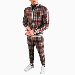 Men's Tracksuits Mens Tracksuit 2021 Design Fashion Plaid Jacket Pants Set Spring Autumn Men Jogger