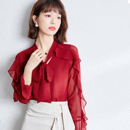 Ruffle Shirt Women's Blouse Long Sleeve Bow Girl Shirt 2021spring Autumn Chiffon Shirt Fashion Elegant Chiffon Ladies Tops