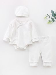 NEWBORN Baby Solid Button Front Bodysuit & Pants & Hat SHE