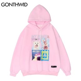 GONTHWID Hip Hop Hoodie Sweatshirt Streetwear Animal Dog Print Fleece Hooded Mens Harajuku Winter Cotton Pullover Pink 211230