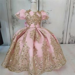 Princess Ball Gown Flower Girl Dresses Bubble Sleeves Shiny Gold Lace Appliques Girls Pageant Birthday First Communion Dress P08