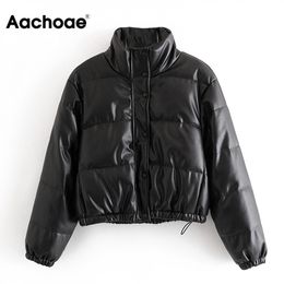 Aachoae Winter Black PU Faux Leather Parka Women Streetwear Long Sleeve Padded Jacket Single Breasted Thick Warm Coat 201028