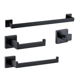 Matte Black 4-Piece Set Bathroom Accessories 304 Stainless Steel Wall Mount Toilet Paper Holder Towel Bar Ring Robe Hook LJ201209