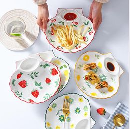 Creative hand-painted Dinnerware Sets Ceramic plate with vinegar dish Shell shaped multi-purpose grid dipping Breakfast plates