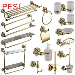 All Brass Bathroom Hardware Set Robe Hook Towel Rail Rack Bar Shelf Paper Holder Toothbrush Holder Bathroom Accessories,Gold. LJ201209