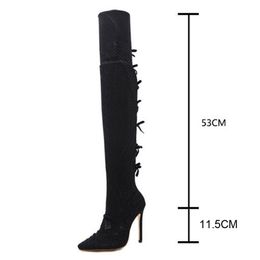 Hot Sale- 2018 Stretch Fabric Over The Knee Boots Women Thin High Heel Sandals Lady Pointed Toe Mesh Cloth Bowknot Shoes WB1382