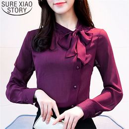 Blouse women bow women's clothing long-sleeved chiffon blouse white solid purple women tops blusas shirts LJ200810