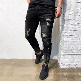Jeans For Men Long Pencil Pants Ripped Skinny Stretch Denim Pants Distressed Ripped Freyed Slim Fit Jeans Trousers 201116