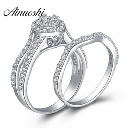 AINOUSHI Halo Sona Round Cut Women Engagement Bridal Ring Sets 925 Sterling Silver Wedding Anniversary Bridal Ring Set Jewellery Y200106