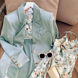 Women Blazer Dress Elegant Two-Piece Fashion Suits spring Autumn Fried Street suit Jackets and Floral sling dresses 2 piece Sets 220302