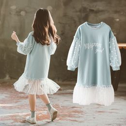 Fashion Children Girls Dresses Long Sleeve White Lace Clothes Spring Autumn Teenage Clothing Baby Dress Sweatshirt Dresses 201204