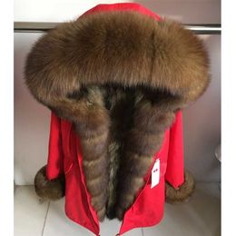 MaoMaoKong Winter Women Real Fur Coat Natural Raccoon Lining Jacket Long hooded With big fur collar Thick Warm black Parkas 211220