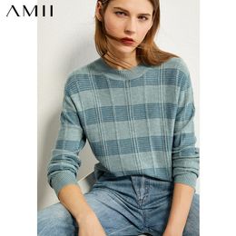 AMII Minimalism Autumn Vintage Fashion Women Sweater Plaid Oneck Loose Women Pullover Causal Female Sweater Tops 1225 201031