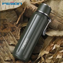 FEIJIAN Classic Army Style Vacuum Flasks Thermo Cup Outdoor Camping Portable Double-Wall Buller Dinkware Water Bottle 600ML 201221