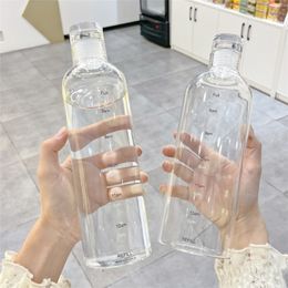 500/750ml Large Capacity Glass Bottle With Time Marker Cover For Water Drinks Transparent Milk Juice Simple Cup Birthday Gift 220217