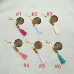 Fashionable Personality Beaded Wooden Bead Keychain Printable Disc Tassel Pendant Keyring