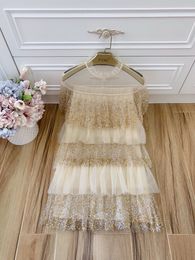 European and American fashion high-end custom imported elastic fine mesh metal sequins shell Zhongshi small fresh and sweet dress