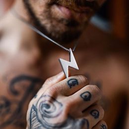 Men Grey Lightning Pendant Necklace Stainless Steel Bolt Thunder Flash Charm Male Jewellery 20 -24 inch