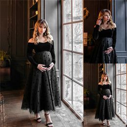 Off Shoulder Black Evening Dresses for Pregnant Women Long Sleeve Short Prom Gowns Spacial Occasion Dress Robe de soiree