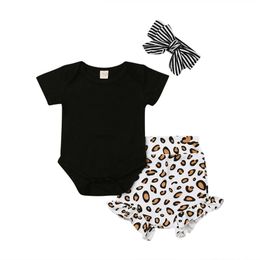 /set Newborn Kids Baby Girls Summer Clothing Sets Black Short Sleeve Romper Leopard Shorts Bloomer Headband Outfits 0- LJ201223