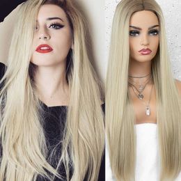 Natural Baby Hair Straight Blonde Ombre Synthetic Wigs Cosplay Hand Tied Full Lace Front Wigs Heat Resistant Fiber Party Two Tone Fashion
