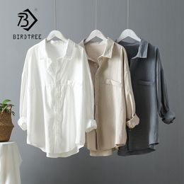 New Arrival Women Solid Oversize White Blouse Batwing Sleeve Pockets Long Shirt Turn-Down Collar Casual Top T200321