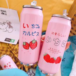 New 500ml Stainless Steel Thermos Bottle Cute Strawberry Vacuum Insulation Cup Portable Girl Fashion Water Bottle With Straw Lid 201105