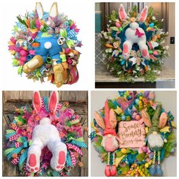 -Decoraciones de la puerta de Pascua Conejito de flores decoratativas Guirnaldas Cinta de conejo Cinta de colgar Pared Signo de bienvenida para el hogar y decoración al aire libre RRA11518