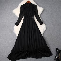 spring luxury long sleeve stand neck pure color with sash long maxi dress fashion casual dresses m18t9584