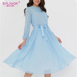 S.FLAVOR Women Sky Blue Dot Printing Midi Dress Bohemian Style Chiffon Autumn Dress Elegant Women Winter Chic Party Vestidos 201006