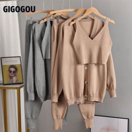 GIGOGOU 3 Piece Sets Women Cardigan Tracksuits Oversized Vintage Open Cardigans Coat + Short Tank Top Harem Pants Suits 220315