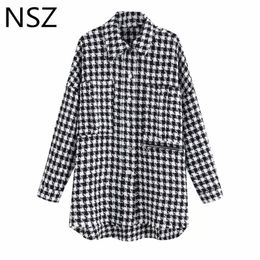 NSZ Women Black White Houndstooth Oversized Tweed Jacket Plaid Coat Long Sleeve Loose Checked Outerwear Top Spring Autumn 201026