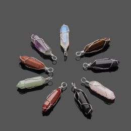 Hand Woven Natural Gemstone Hexagonal Column DIY Pendant White Copper Wire Winding Bullet Shaped Stone Fashion Charm Necklace Amethyst Healing Crystal Jewelry