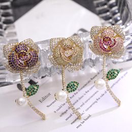 Brand Design Rose Flower Brooches Pins Women Fashionable Jewellery 18K Gold Plated Cubic Zirconia Corsage Wholesale