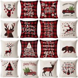 Christmas Pillow Truck Xmas Tree Holding Pillow Cover Linen Cartoon Cushion Covers Retro Plaid Pillow Cases Xmas Decoratio PillowcaseZY846